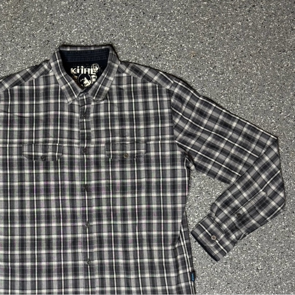 Kuhl Flannel Button Up Flip Cuff Gray Plaid Long Sleeve Hiking Outdoors Size M